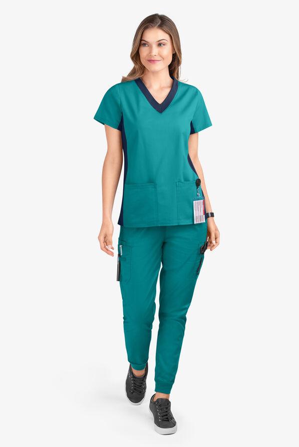 Butter-Soft STRETCH Women's 3-Pocket Contrast Scrub Top - Teal/Navy - 2