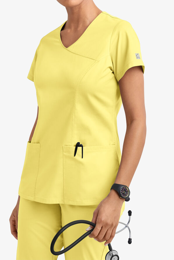 Butter-Soft STRETCH Women's 3-Pocket V-Neck Mock Wrap Scrub Top - Lemon Sherbet - 2