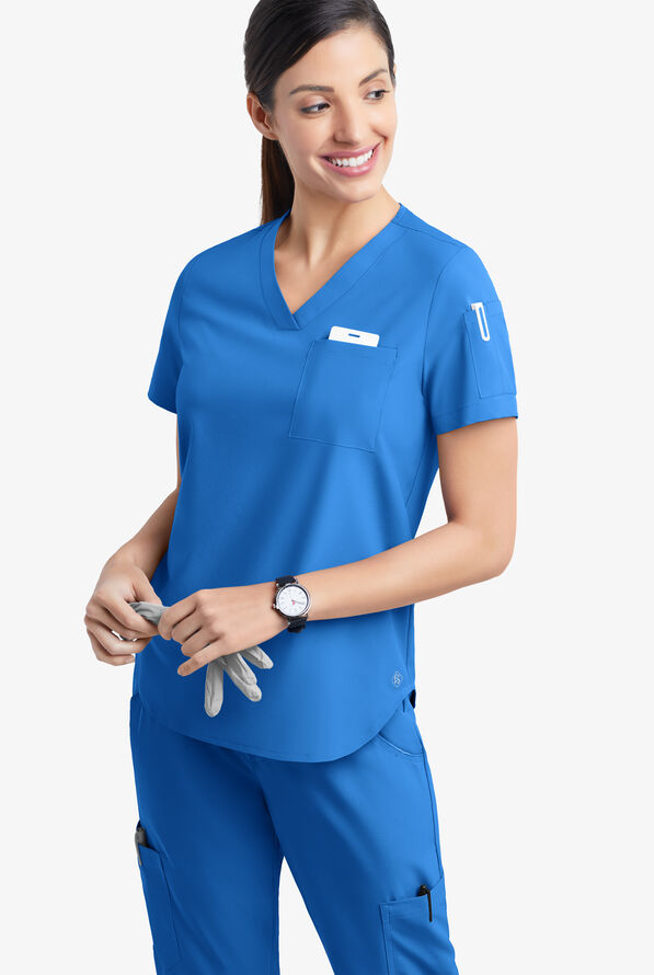 Easy STRETCH Chloe Women's 3-Pocket V-Neck Tuck-In Scrub Top - Cerulean - 3