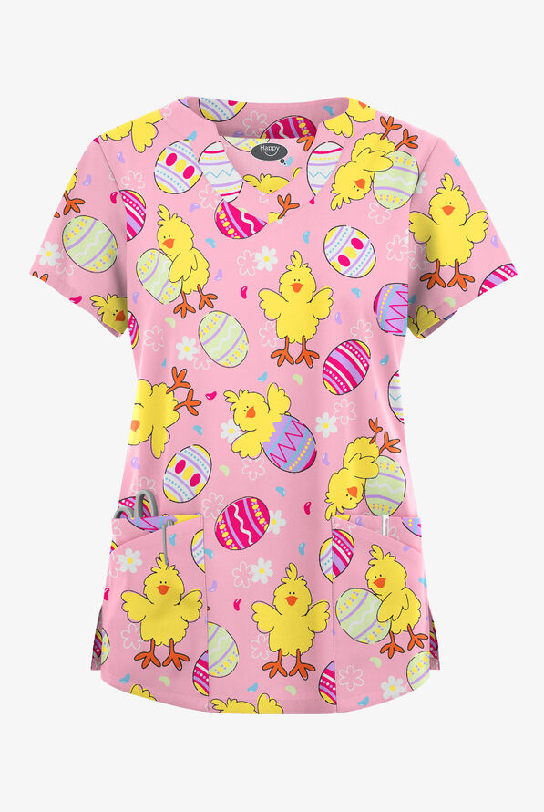 Happy Scrubs Easter Morning Blush Women's 6-Pocket Scallop Neck Print Scrub Top - null - 2