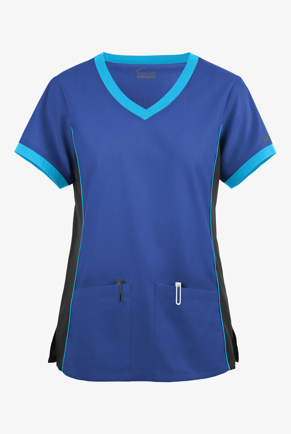 Blusa médica Butter-Soft Originals Tri-Colorblock con cuello en V y 4 bolsillos para mujer - Galaxy/Black/Turquoise - 1