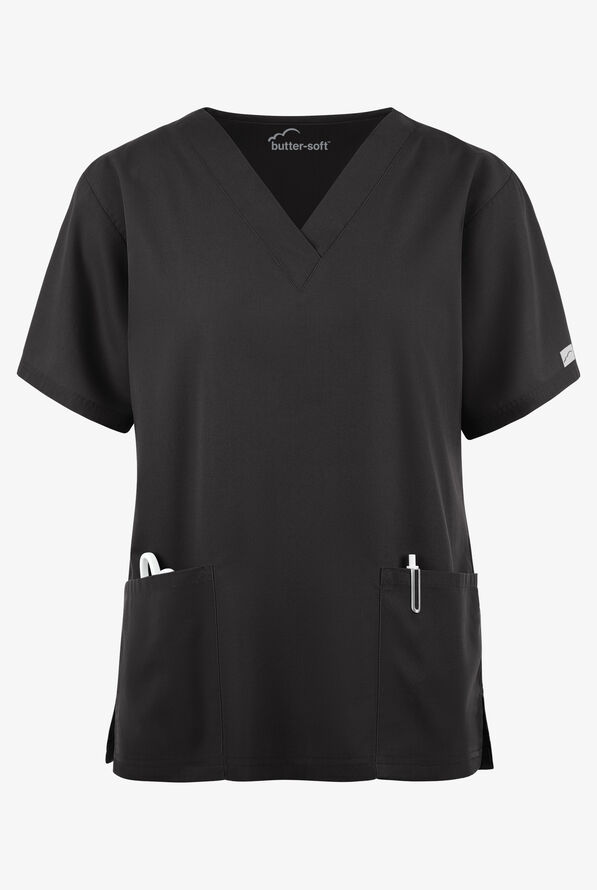 Butter-Soft Core Women's 2-Pocket V-Neck Scrub Top - Black - 1