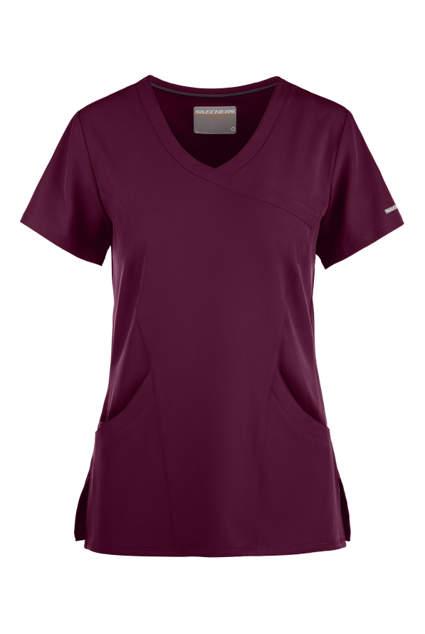 Skechers by Barco Reliance Women's 3-Pocket STRETCH Mock Wrap Scrub Top - Wine - 1