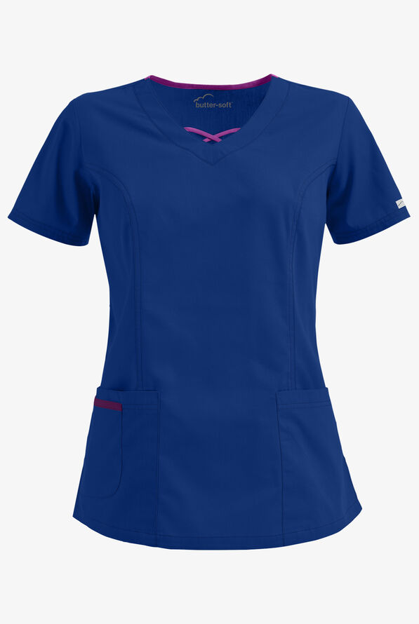 Butter-Soft Core Women's 3-Pocket Crisscross Contrast V-Neck Scrub Top - Galaxy/Berry Burst - 1