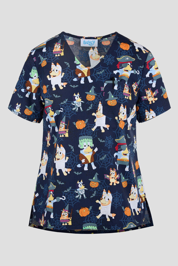 Tooniforms Bluey Pumpkin Pups Women's 1-Pocket STRETCH V-Neck Print Scrub Top - null - 1