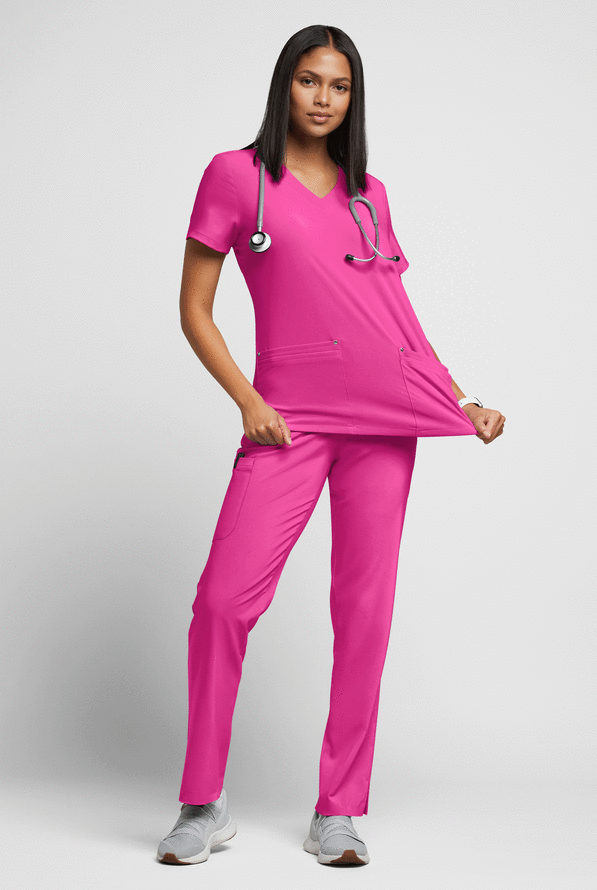 Easy STRETCH Lina Mitered Women's 4-Pocket V-Neck Scrub Top - Glam Pink - 4