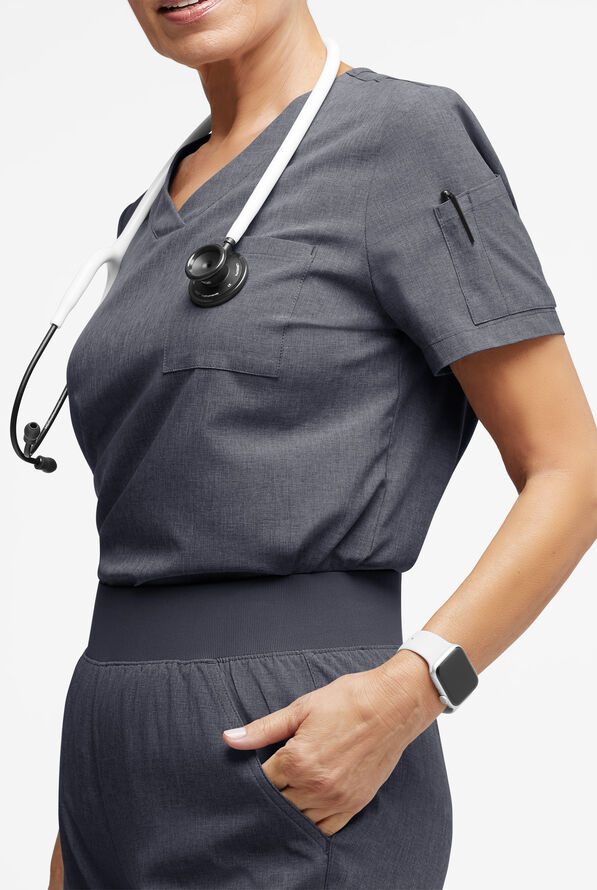 Easy STRETCH Chloe Women's 3-Pocket V-Neck Tuck-In Scrub Top - Charcoal Heather - 4