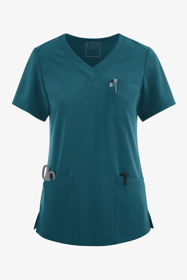 Easy STRETCH Tessa Women's 5-Pocket V-Neck Scrub Top - Caribbean Blue - 1
