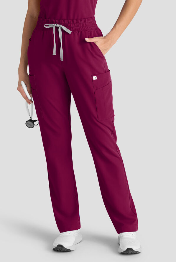 ReSurge Topaz Women's 11-Pocket Drawstring Scrub Pants - Petite - Wine - 1