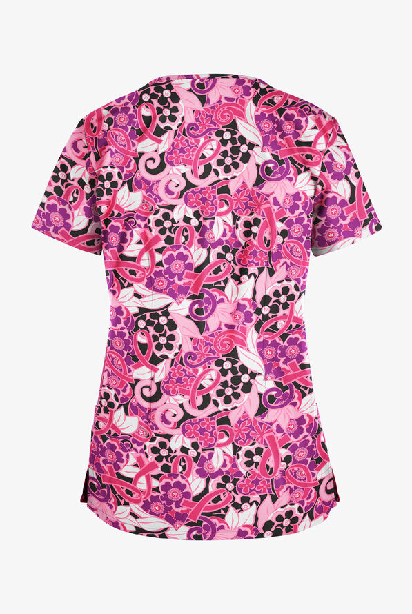 Blusa médica estampada Butter-Soft Pink Ribbon Bouquet con cuello en V redondeado y 4 bolsillos para mujer - null - 2