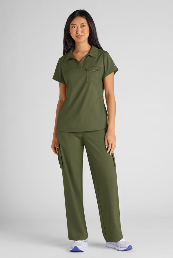 Grey's Anatomy by Barco Emerge Emery Women's 3-Pocket STRETCH Collar V-Neck Scrub Top - Olive - 6