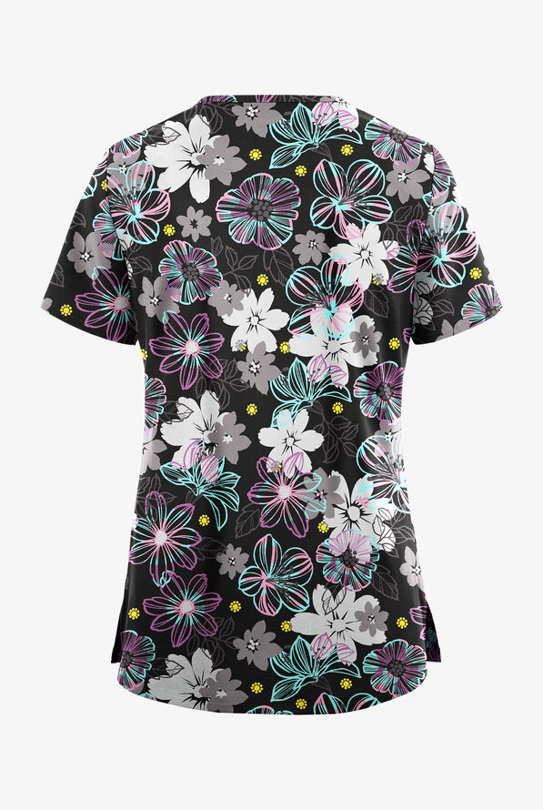 Blusa médica estampada UA Butter-Soft STRETCH Jacobean Spring Eucalyptus Leaf con cuello en V con ribete y 3 bolsillos para mujer - null - 2