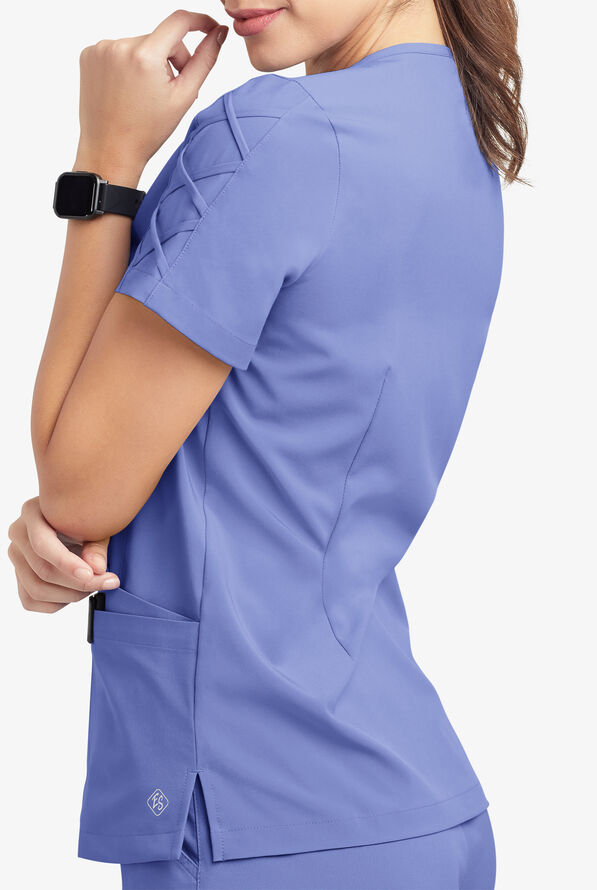 Easy STRETCH Kylie Woman's 5 Pocket V-Neck With Criss-Cross Detail Scrub Top - Ceil Blue - 7