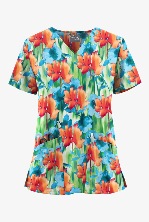 Butter-Soft STRETCH Valencia Ikat Caribbean Blue Women's 2-Pocket V-Neck Print Scrub Top - null - 1