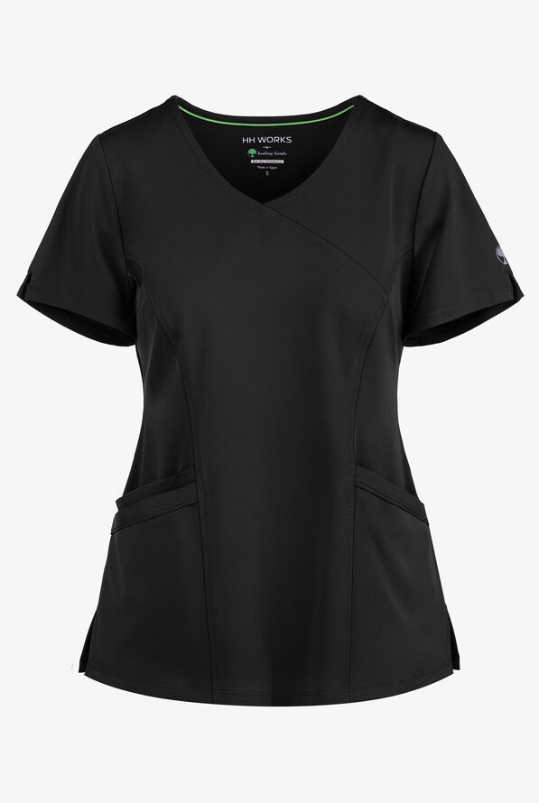 HH Works by Healing Hands Madison Women's 4-Pocket STRETCH Mock Wrap Scrub Top - Black - 1