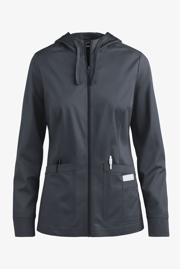 Butter-Soft STRETCH Women's 3-Pocket Zip-Front with Cozy Knit Hood and Trim Scrub Jacket - Pewter - 1