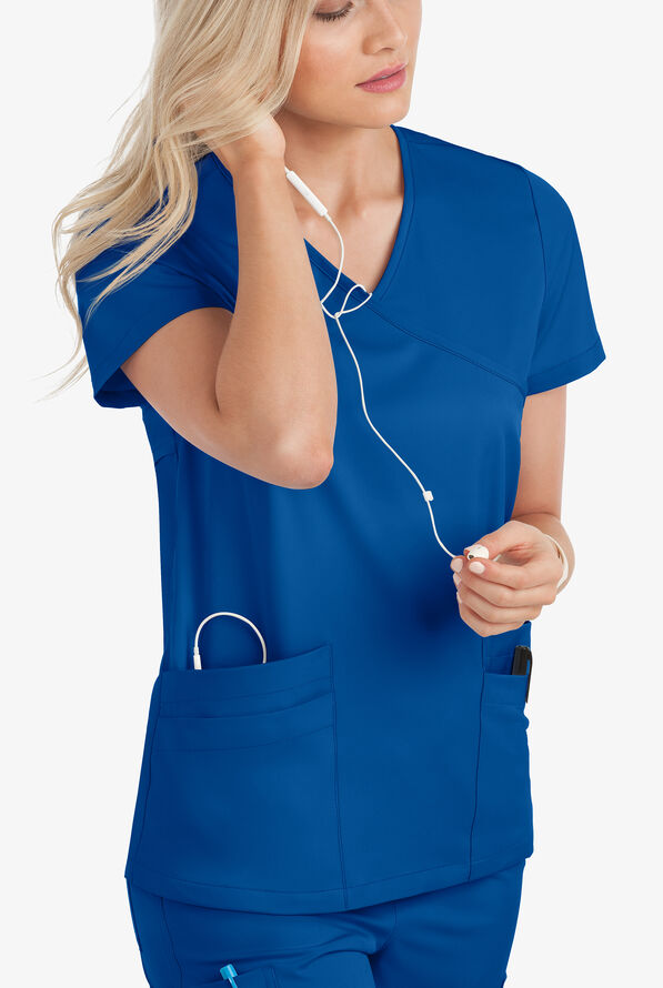 Lauderdale by UA Solar Women's 4-Pocket V-Neck Mock Wrap STRETCH Scrub Top - Royal - 4