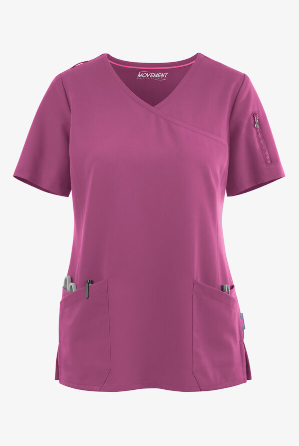 MOVEMENT by Butter-Soft Capella Women's 5-Pocket Faux Wrap STRETCH Scrub Top - Cassis Oasis - 1