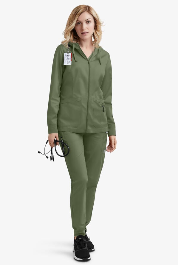 Butter-Soft STRETCH Women's 3-Pocket Zip-Front with Cozy Knit Hood and Trim Scrub Jacket - Light Olive - 2
