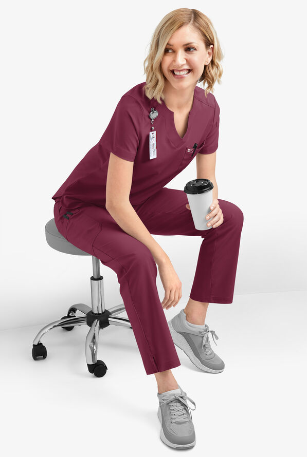 Easy STRETCH Nikki Women's 1-Pocket Scallop Neck Tuck-In Scrub Top - Wine - 8