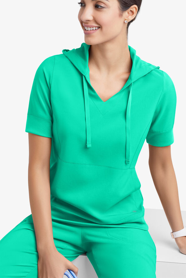 Easy STRETCH True Women's 3-Pocket Short Sleeve Pull-Over Scrub Hoodie - Dynasty Green - 1