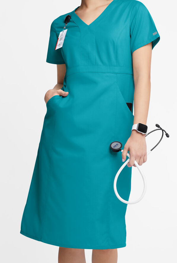 Butter-Soft Originals Women's 4- Pocket V-Neck Empire Waist Dress - Teal - 1