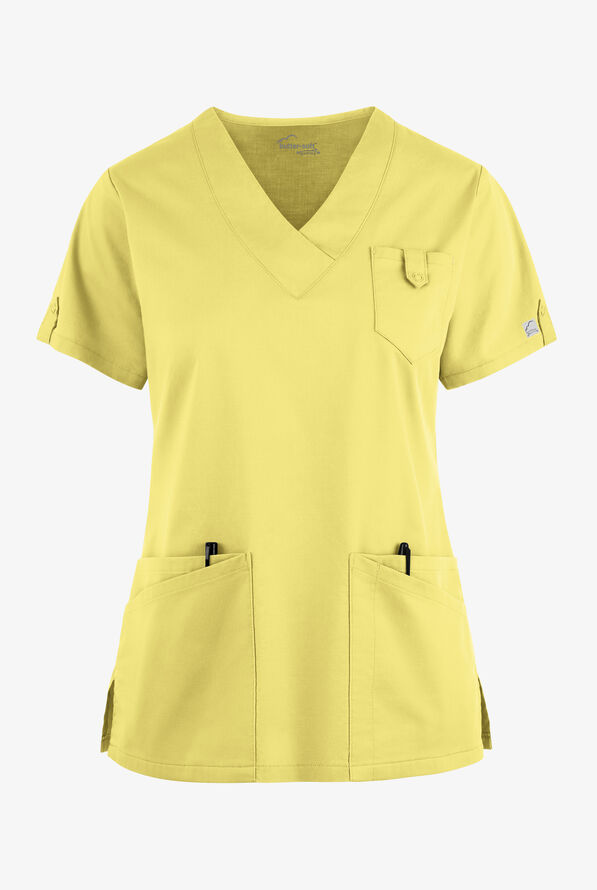 Butter-Soft STRETCH Women's 6-Pocket V-Neck Scrub Top - Lemon Sherbet - 1