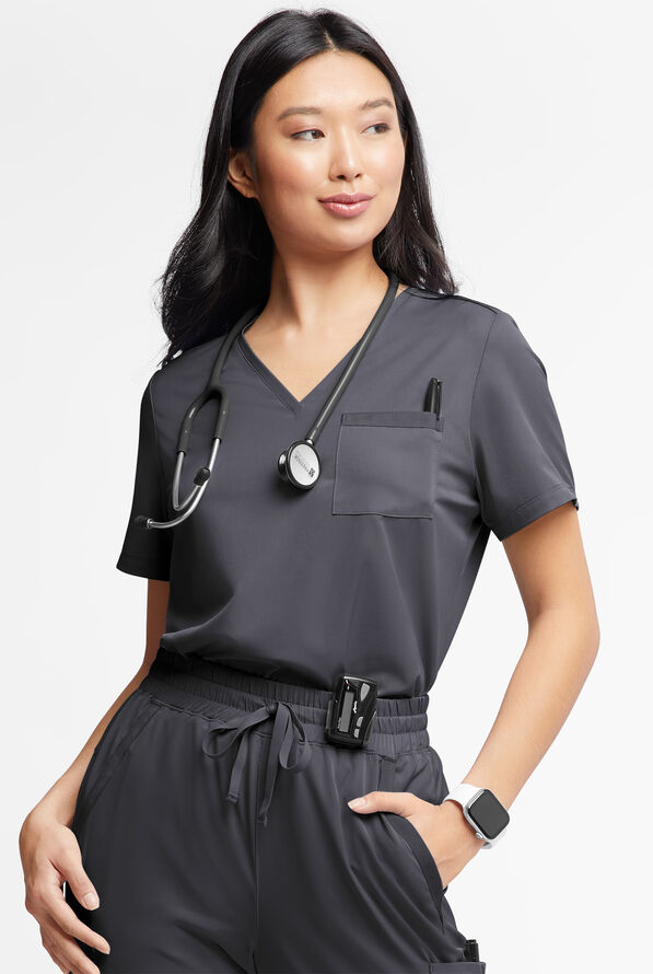 WhisperLite Zora Women's 2-Pocket Stretch V-Neck Tuck-in Scrub Top - Pewter - 1