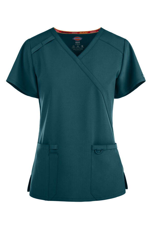 Dickies EDS Essentials Women's 2-Pocket STRETCH Mock Wrap Scrub Top - Caribbean Blue - 1