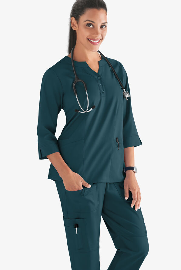 Butter-Soft STRETCH Women's 4-Pocket 3/4" Sleeve Round Neck Scrub Top - Caribbean Blue - 2
