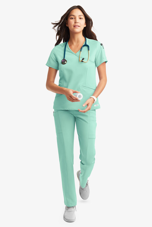 Butter-Soft Women's 5-Pockets Faux Wrap Scrub Top **Slightly IRREGULAR** - Beachside Blue - 1