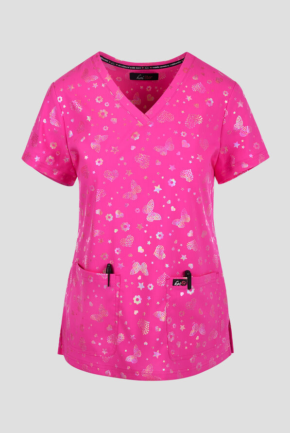 Blusa médica estampada koi Lite Iridescent Light Bright Hibiscus Pink  STRETCH con cuello en V y 2 bolsillos para mujer - null - 1