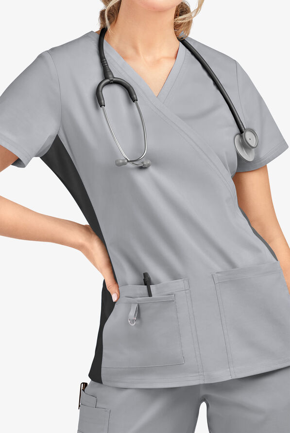 Blusa m&eacute;dica Butter-Soft STRETCH con paneles laterales de punto tejido y 3 bolsillos para mujer - Silver/Black - 4