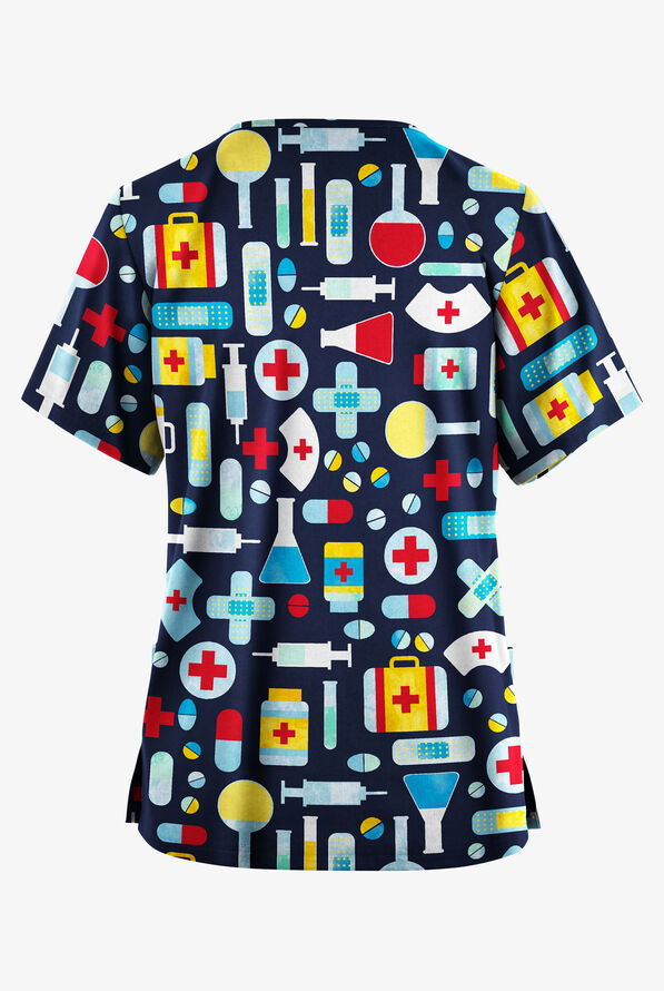 Butter-Soft Originals Care Kit Navy Women's 2-Pocket V-Neck Print Scrub Top - null - 2