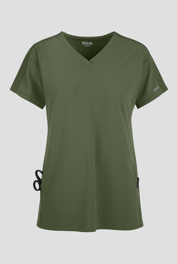 Wink Renew Women's 2-Pocket STRETCH Knit-Trim Dolman Tunic V-Neck Scrub Top - Olive - 1