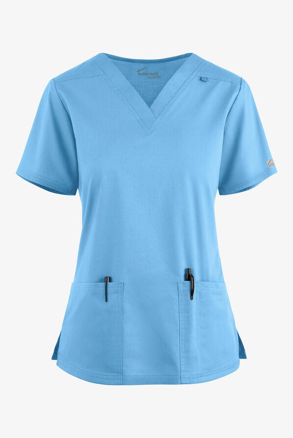 Butter-Soft STRETCH Women's 4-Pocket V-Neck Scrub Top - Blue Oasis - 1