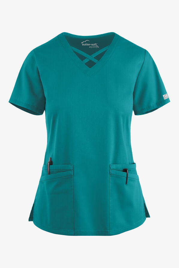 Blusa m&eacute;dica UA Butter-Soft STRETCH con lazos entrecruzados y 4 bolsillos para mujer - Teal - 1
