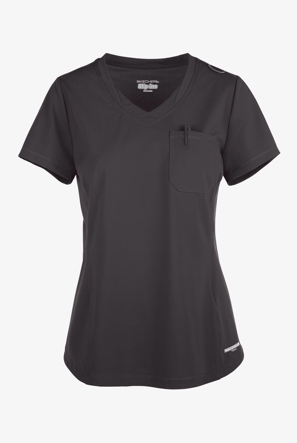 Skechers by Barco Slip-ins Flow Women's 1-Pocket STRETCH Tulip Hem Tuck In V-Neck Scrub Top - Pewter - 1