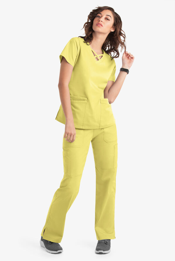 Blusa m&eacute;dica UA Butter-Soft STRETCH con lazos entrecruzados y 4 bolsillos para mujer - Lemon Sherbet - 6