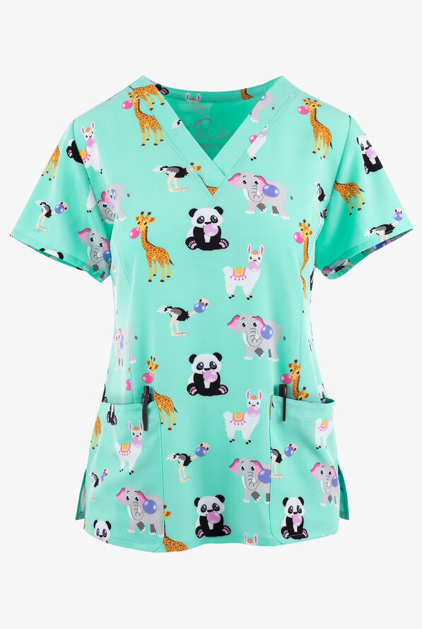 Maevn Cup O&rsquo; Pup Coffee and Puppies Women's 3-Pocket STRETCH V-Neck Print Scrub Top - null - 1