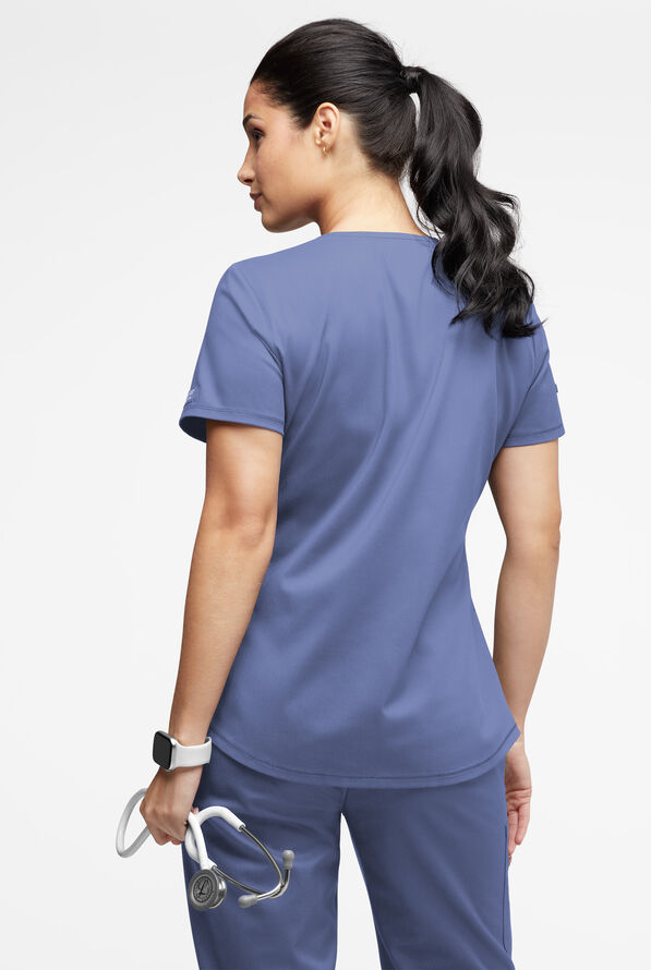 UA Exclusive Cherokee Workwear Revolution Women's 2-Pocket STRETCH Mesh Trim V-Neck Scrub Top - Ceil Blue - 3