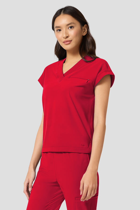 Infinity Pursuit Women's 1-Pocket STRETCH Rib-Knit V-Neck Dolman Sleeve Scrub Top - Cherry Pop - 2