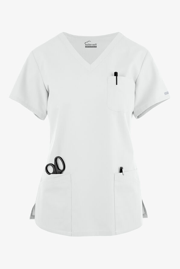 Blusa médica Butter-Soft Originals con cuello en V curvo y 7 bolsillos para mujer - White - 1