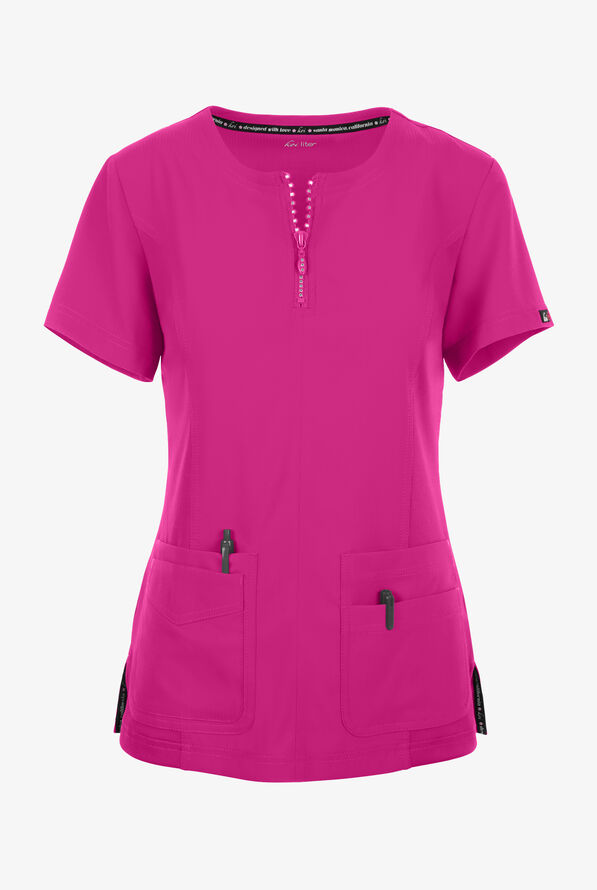 koi Lite™ Limited Edition Serenity Women's 4-Pocket Round Neck Rhinestone Zipper Scrub Top - Azalea Pink - 1