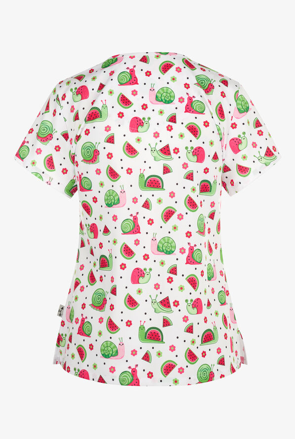 Zavate Ava Therese Snailmelons Women's 2-Pocket STRETCH V-Neck Print Scrub Top - null - 2