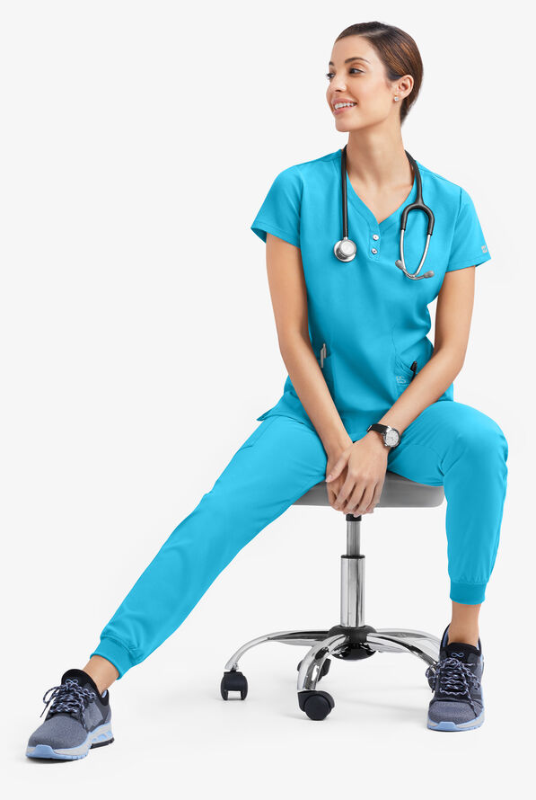 Easy STRETCH Demi Women's 4-Pocket Henley Scrub Top - Turquoise - 6