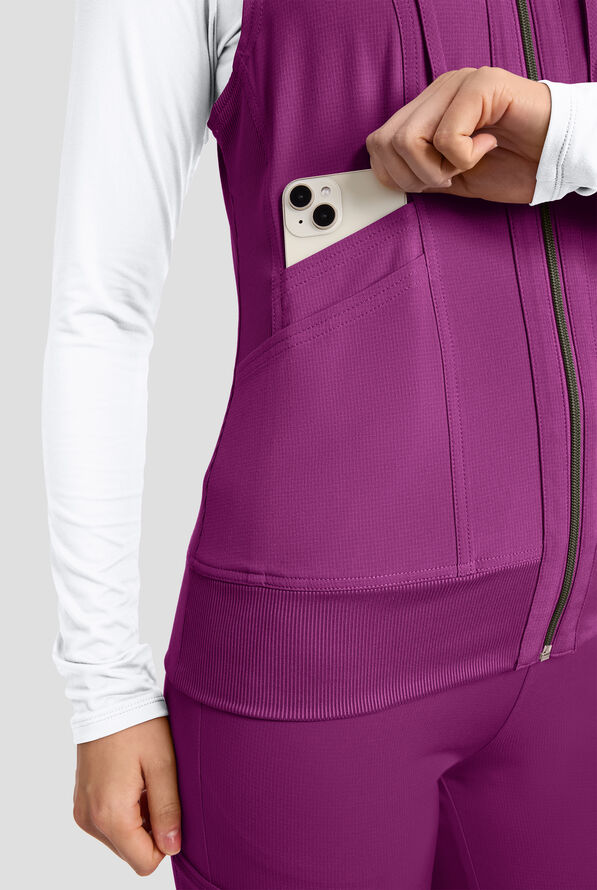 Med Couture Amp Women's 4-Pocket STRETCH Zip Front Removable Hoodie Scrub Vest - Plum Royale - 4