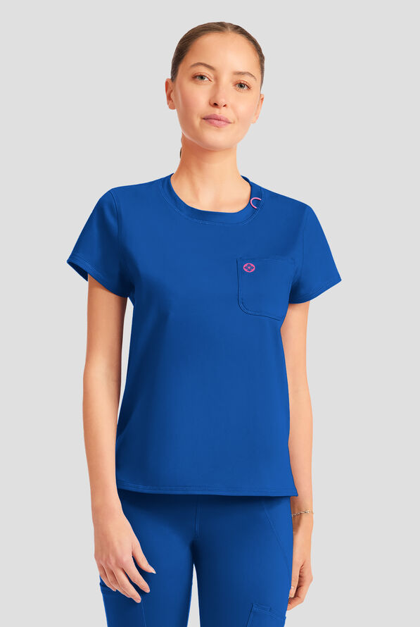 Blusa m&eacute;dica Med Couture Amp Knit STRETCH con cuello redondo y 2 bolsillos para mujer - Royal - 2