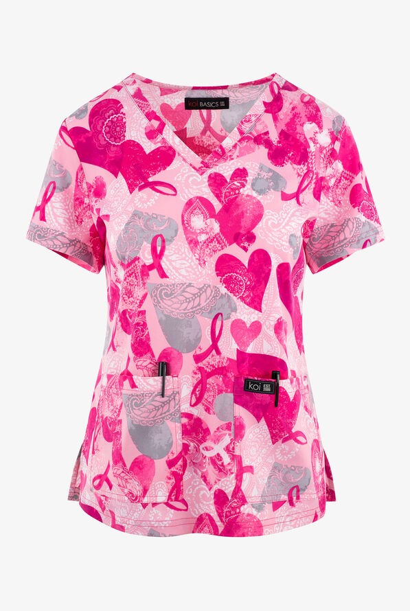 koi Basics Paisley Hearts Awareness Women's 2Pocket STRETCH VNeck