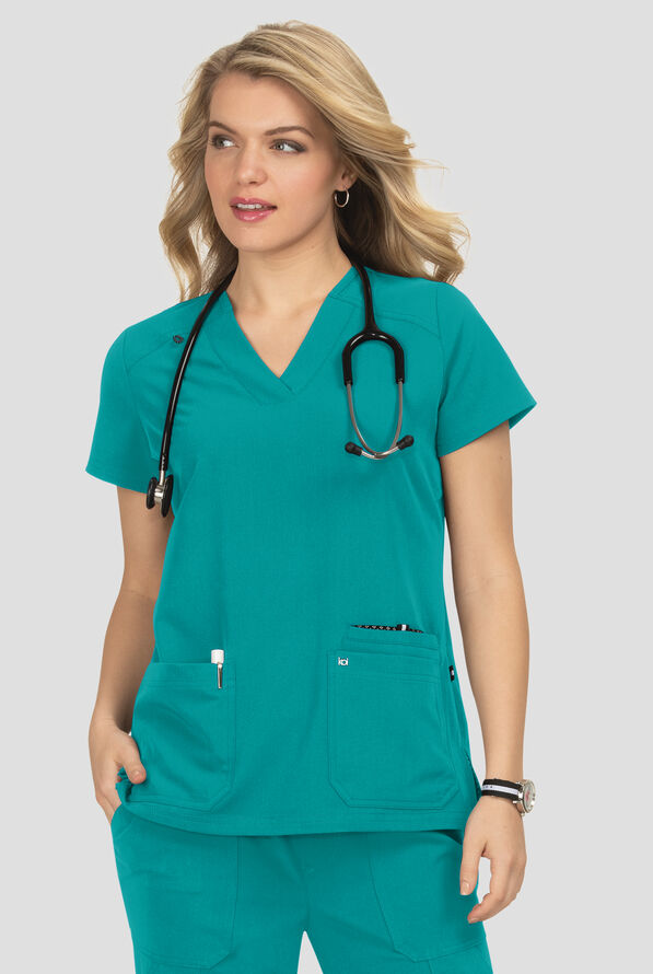 Blusa m&eacute;dica Koi Next Gen Hustle and Hear con cuello en V y 3 bolsillos para mujer - Teal - 2
